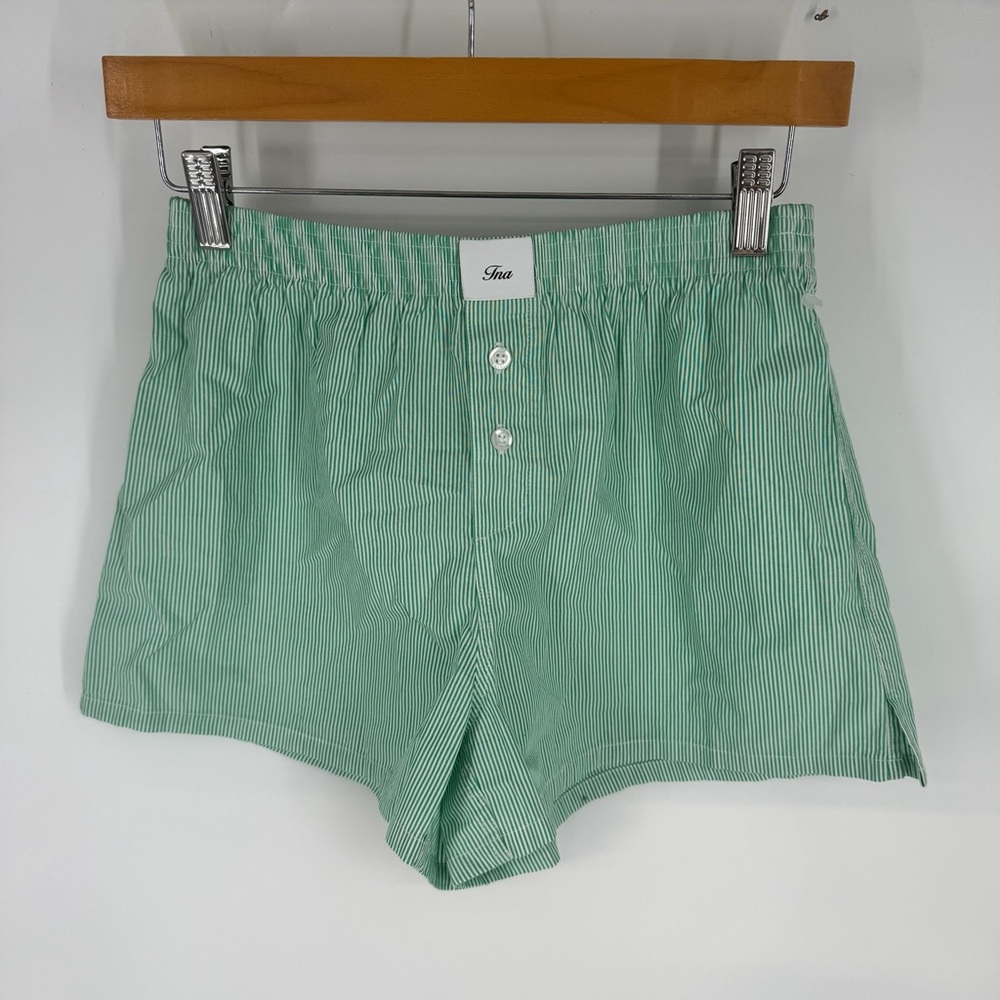 TNA Green Pinstripe Boxer Shorts Model-Off-Duty Cool Girl Streetwear XS